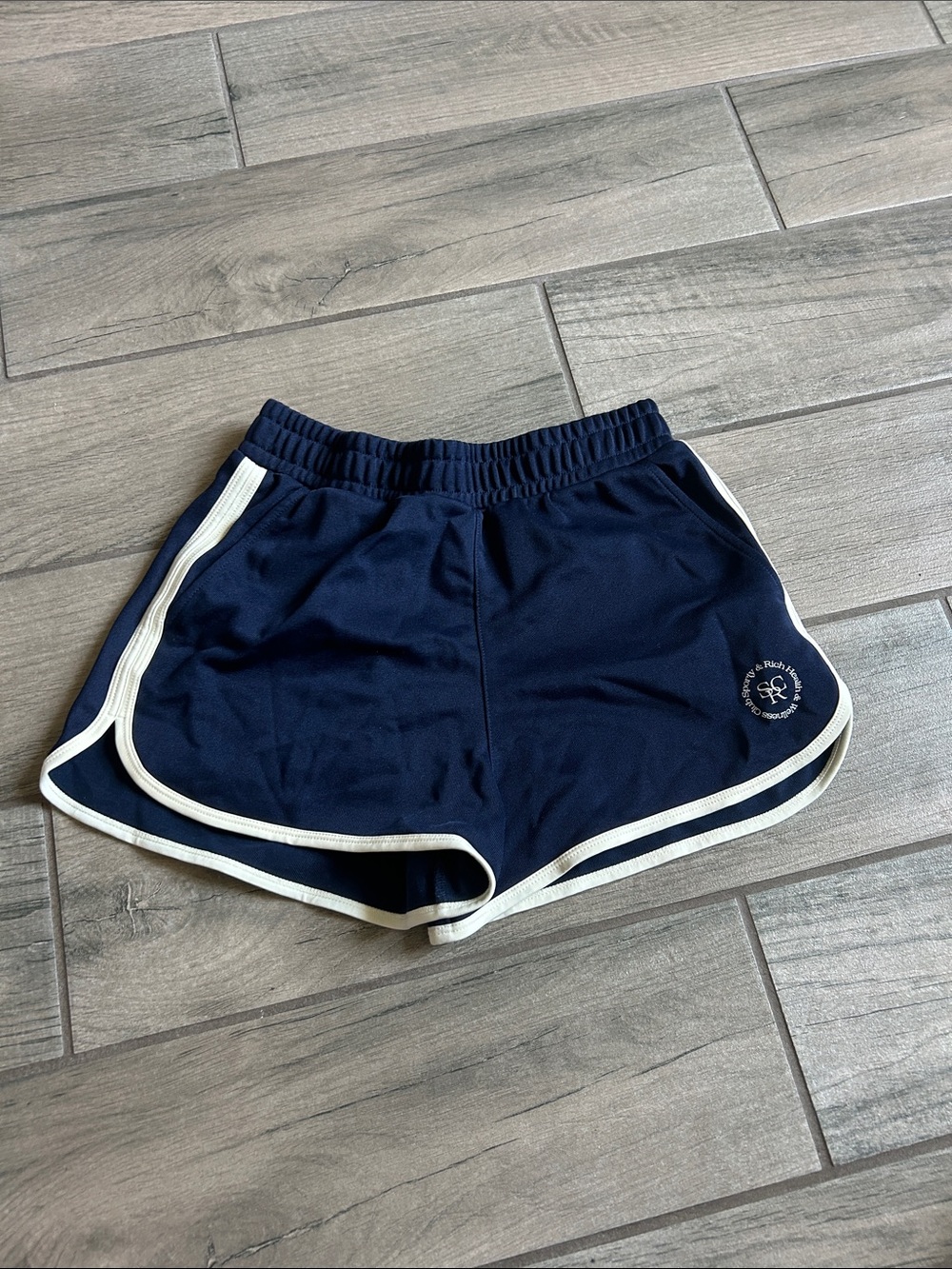 Sporty & Rich Navy Retro Trim Athletic Shorts with Cream Piping